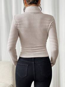 SHEIN Frenchy Áo thun nữ cổ lọ kẻ sọc dài tay ôm vừa vặn cho mùa thu - Màu be - Xem 2