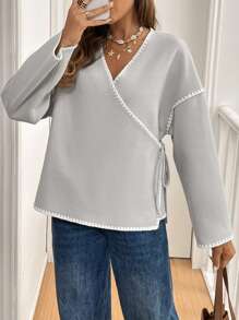 SHEIN Frenchy Veste croisée décontractée pour femmes en automne, avec blocs de couleurs et passepoil - Gris - Voir 5