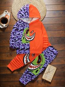 SHEIN 2pcs/Set Young Boy Casual Sports College Street Cute Ghost Face Colorblock Sweatshirt + Pants, Suitable For Daily Wear, School, Outings, Sports, Spring & Autumn - Multicolor - View 5