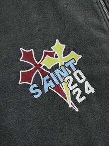 Manfinity Roughcore Sudadera tipo hoodie con cremallera y estampado de letra y cruz talla grande para hombre, otoño - Negro - Ver 3