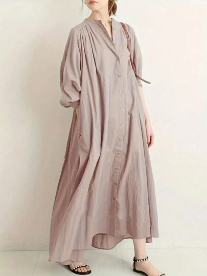 大码女式纯色简约修身日常衬衫，优雅长款衬衫，半透明及腕袖飘逸连衣裙，适合春、夏、秋、冬四季穿着。