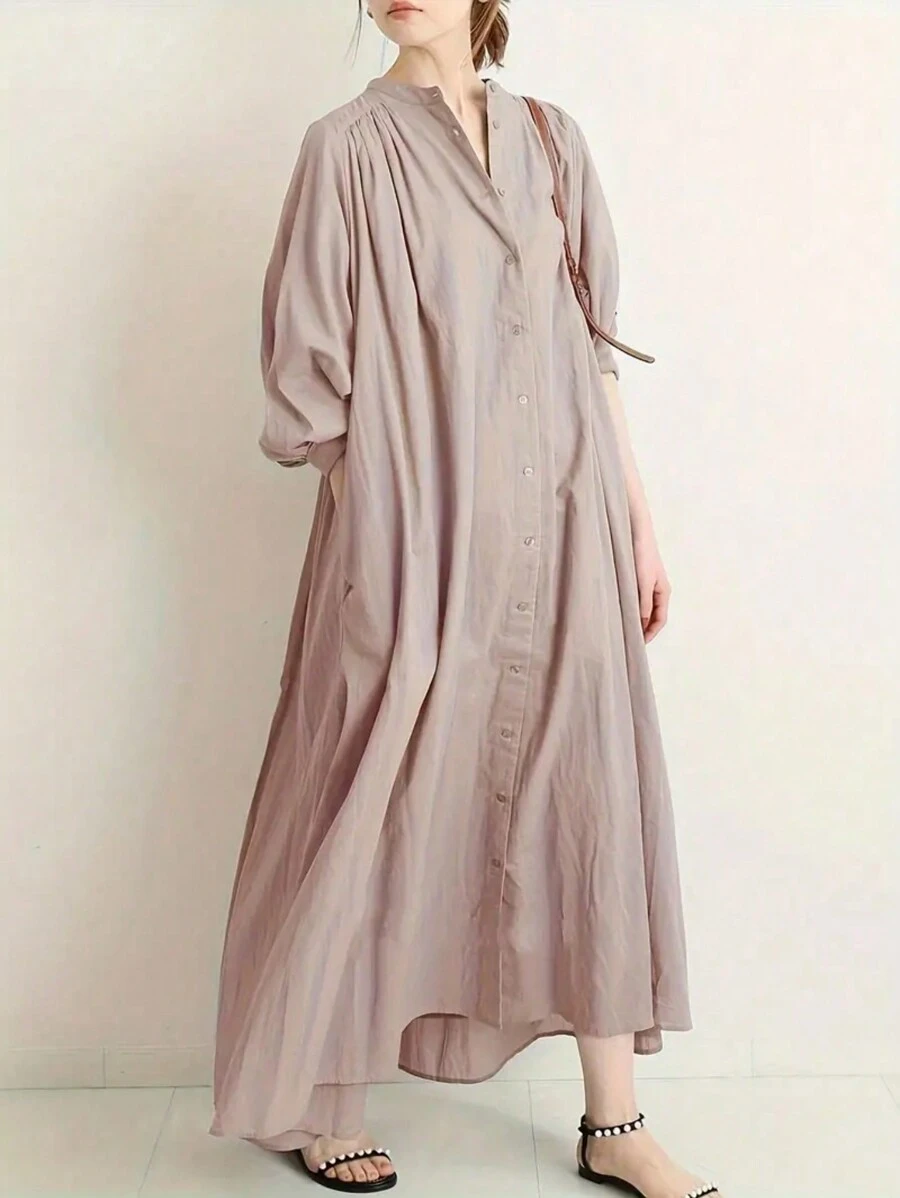 Plus Size Women's Solid Color Minimalist Casual Shirt, Elegant Long Shirt, Semi-Sheer Long Sleeve Round Neck Flowing Dress, Suitable For Spring, Summer, Autumn And Winter - Dusty Pink - View 1