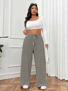SHEIN EZwear Plus Size Casual Striped Straight Leg Pants, Autumn