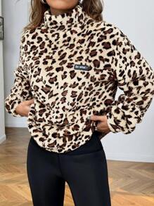 SHEIN EZwear 女士新款秋冬高领豹纹超大泰迪熊图案运动衫 - 杏色 - 查看 5