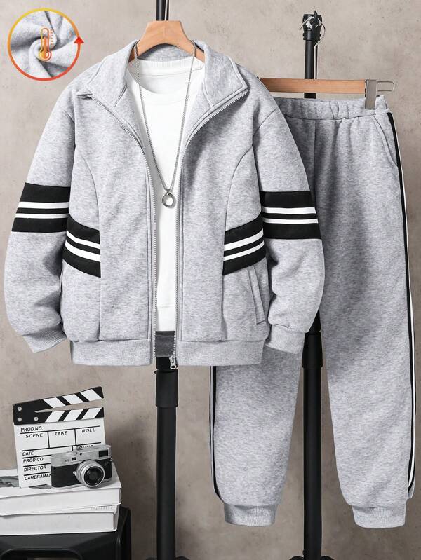 SHEIN 2pcs Tween Boy Floral Gray Sports Casual Jacket And Pants Set Chic Outfits For Autumn/Winter