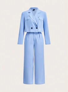 Slaydiva 两件套：休闲宽松翻领短款外套和直筒裤套装 - 蓝色，新款 - 藍色 - 查看 1
