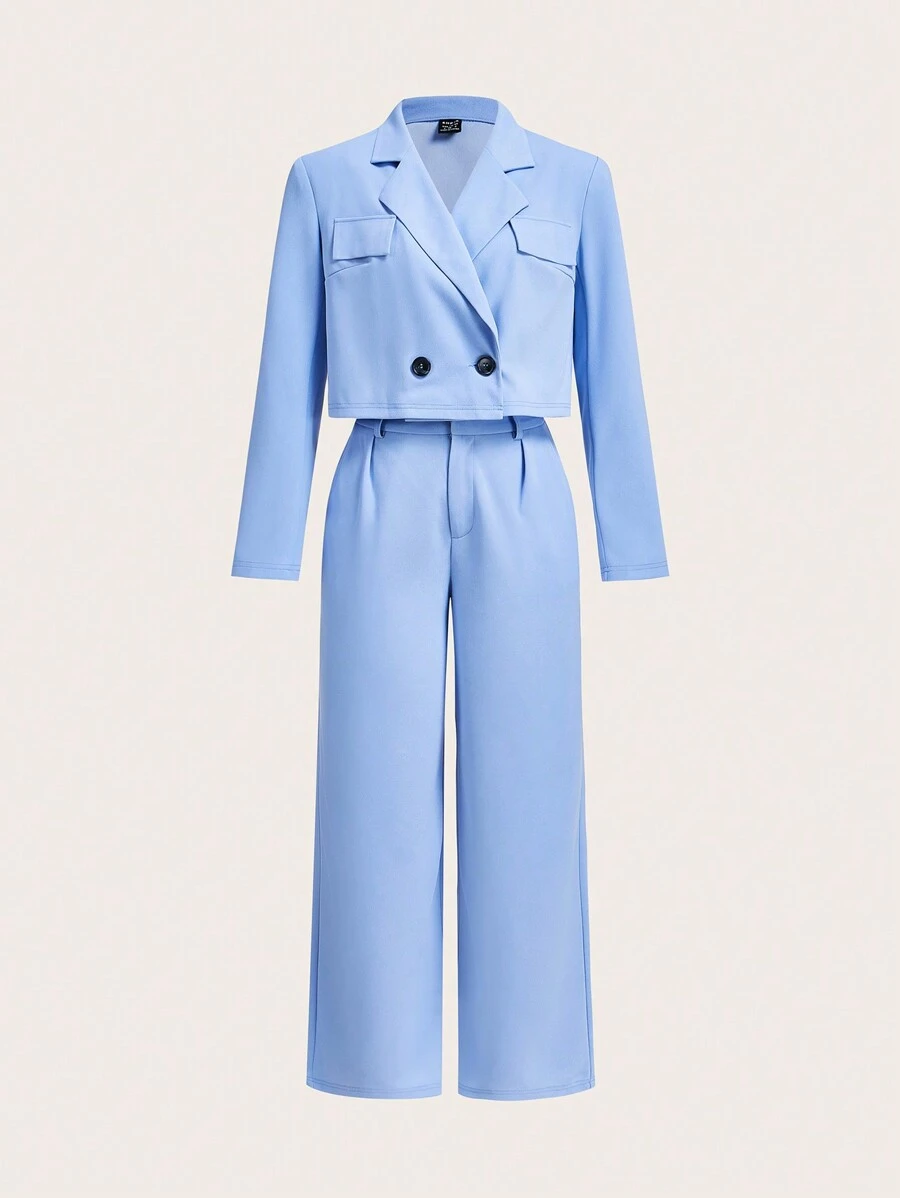Slaydiva 两件套：休闲宽松翻领短款外套和直筒裤套装 - 蓝色，新款 - 藍色 - 查看 1