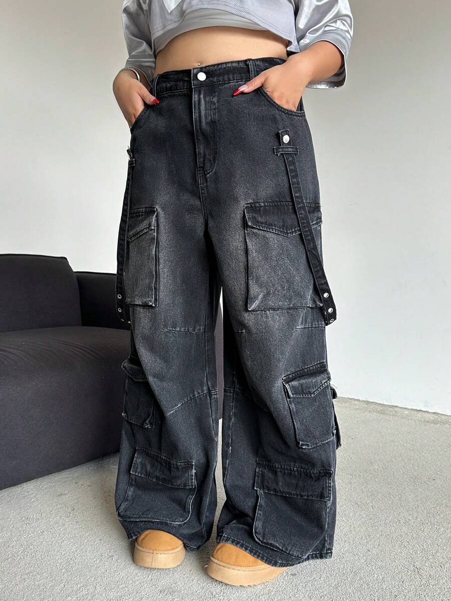SHEIN EZwear Plus Size Casual Loose Fit Wide Leg Boyfriend Jeans - Black - View 1