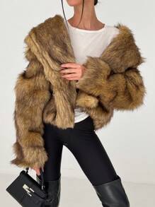 Aloruh Brown Fluffy Short Jacket Warm Coat For Young Women, Y2K Style