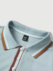 Manfinity Homme 男士撞色前扣短袖 Polo 衫，夏季，男朋友礼物，纹理提花，白色纽扣 - 彩色 - 查看 6