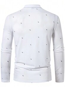 Manfinity Homme 男士几何印花长袖休闲通勤 Polo 衫，秋季，男朋友礼物，白色 Polo 衫， - 白色 - 查看 2