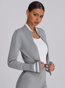 Forever 21 Simple Plain & Zip Front Long Sleeve Top, Casual Everyday Wear - Grey - View 7