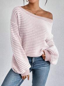 SHEIN LUNE Women Casual Contrast Color Stripe Bell Sleeve Knit Sweater, Autumn/Winter,Long Sleeve Tops,Off The Shoulder Sweater