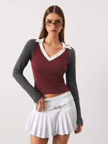 SURIMA Camiseta larga de manga larga con cuello en V, de terciopelo acanalado y bloque de color, cálida, para otoño/invierno, para mujer