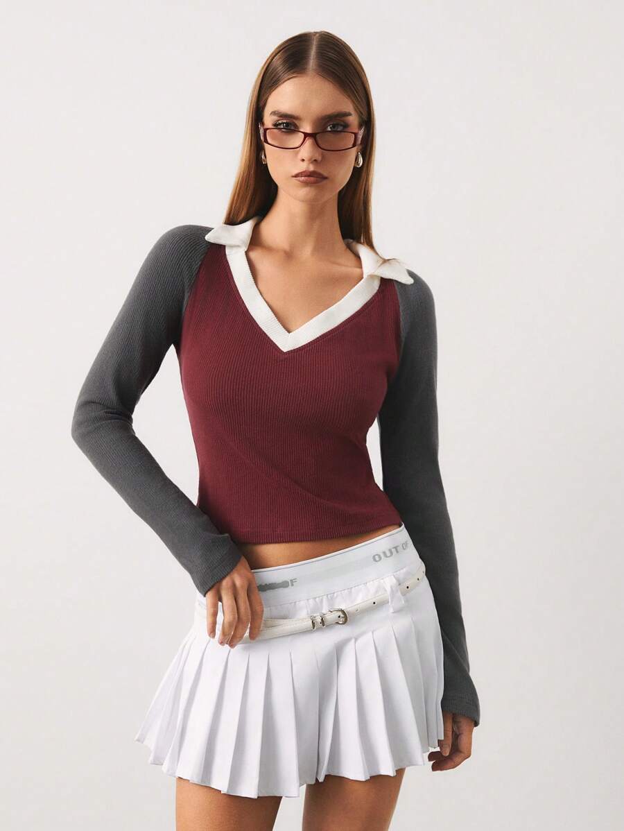 SHEIN Unity Women's Color Block Ribbed Velvet Long Sleeve V-Neck Warm T-Shirt, Autumn/Winter - Multicolor - View 1