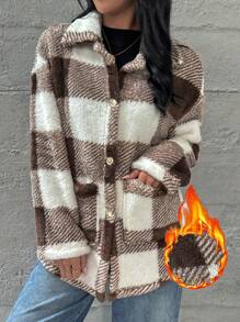SHEIN Essnce 新款格子蓬松大口袋女士休闲夹克，冬季女装外套，冬季女装，格子女装外套，夹棉夹克，休闲女装，街头女装，美式复古，夹棉加厚保暖 - 卡其色 - 查看 3