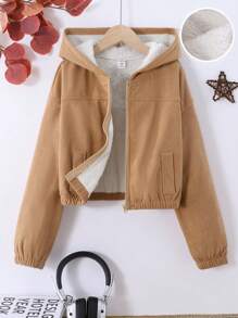 SHEIN Tween Girls Relaxed Casual Minimalist Comfortable Corduroy Lined Hooded Warm Jacket - Khaki - View 1