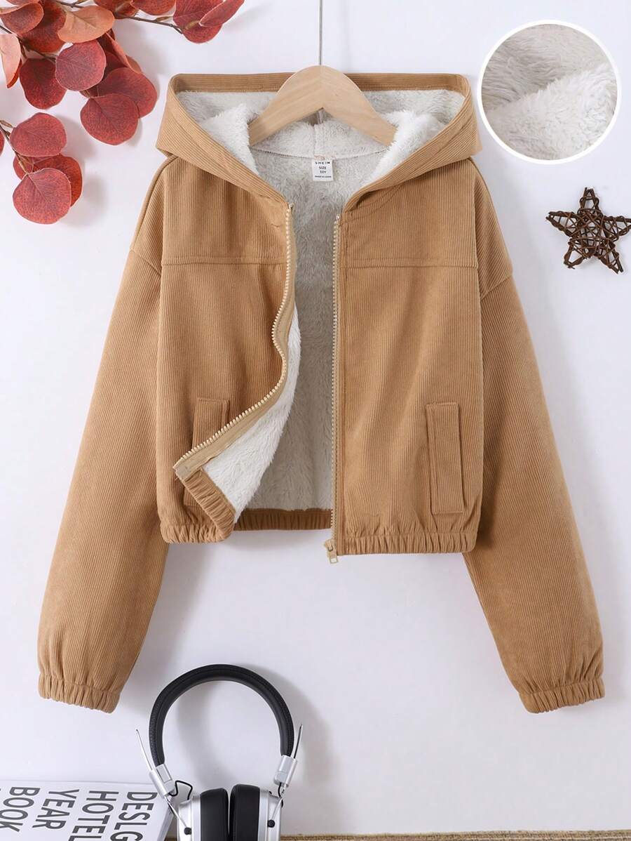 SHEIN Tween Girls Relaxed Casual Minimalist Comfortable Corduroy Lined Hooded Warm Jacket - Khaki - View 1