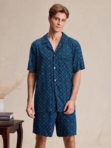 EverLounge 2 件套男士花卉印花翻领短袖纽扣上衣和短裤家居服套装 - 彩色 - 查看 5