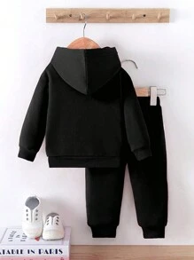 2 件装年轻男孩休闲舒适时尚数字和字母连帽运动衫和运动裤套装 - 黑色 - 查看 2