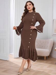 Modelyn Plus Size Autumn/Winter Casual Button Decor Elegant Ruffle Hem Sweater Dress - Grey - View 6