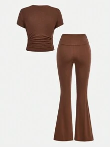 SHEIN Girlism 2pcs Teen Girl Set: Solid Casual Ruched Tee & Flared Low-Rise Pants