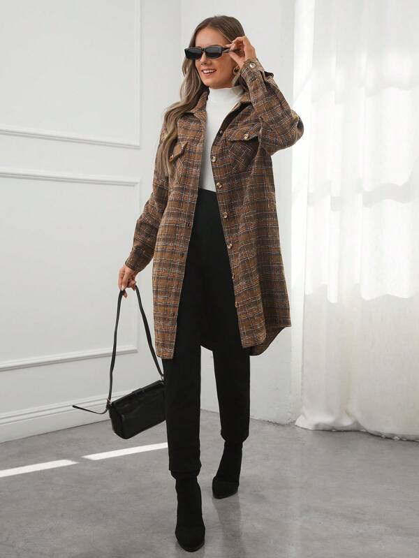 SHEIN LUNE Abrigo holgado de un solo botonadura a cuadros con caída en los hombros, para uso diario en otoño