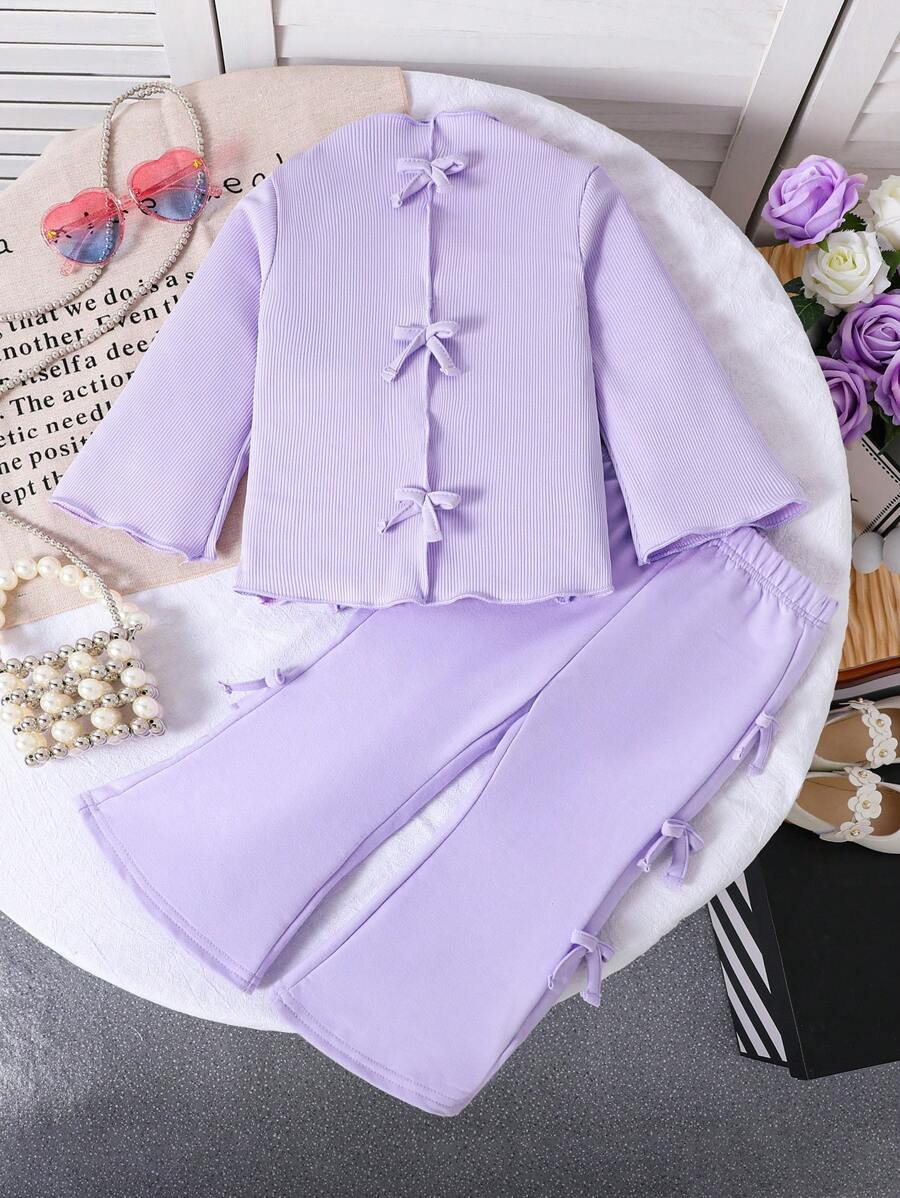 2 Stücke/Set Baby Mädchen Bequemes geripptes Sweatshirt und Schleifenakzent Rock Set, Herbst/Winter