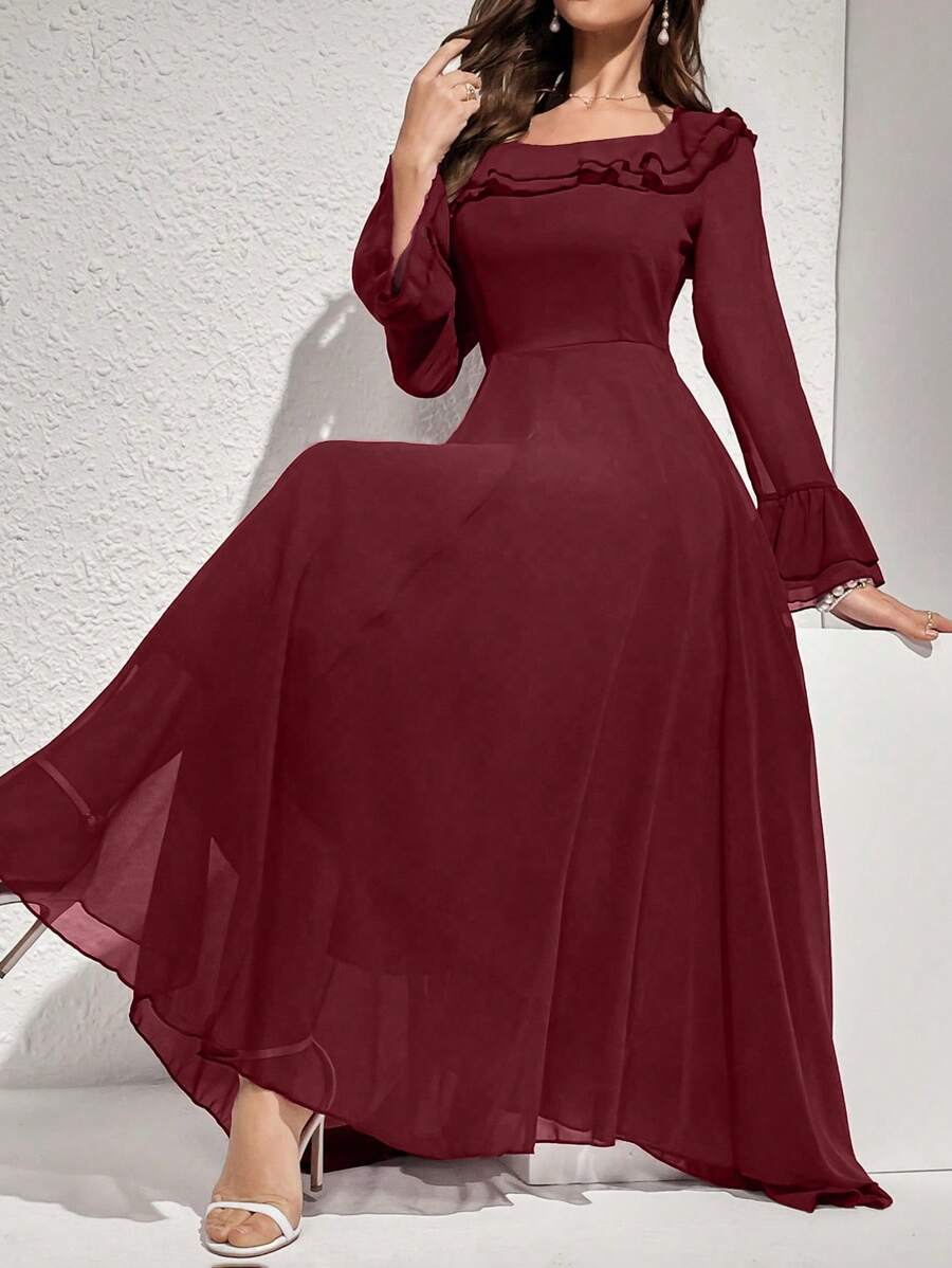 Modelyn Đầm dạ hội dài viền bèo nhún màu trơn, trang trí thắt lưng, đầm dự tiệc sang trọng cho năm mới - Đỏ - Xem 1