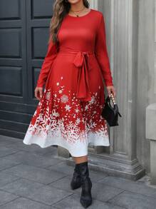 SHEIN LUNE Vestido de talla grande con estampado de bloques de color, copos de nieve y degradado