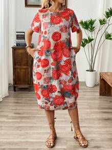 SHEIN Clasi Women Round Neck Short Sleeve Casual Random Geometric Print Mid-Length Dress