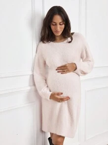 SHEIN Sweater Hamil Kasual Warna Polos Lengan Lentera Berbulu, Musim Gugur/Dingin - Berwarna merah muda - View 4