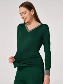 TaskEZ 2pcs Women Color Block V-Neck Long Sleeve Top And Tie Waist Pants Nurse Scrub Uniform Set