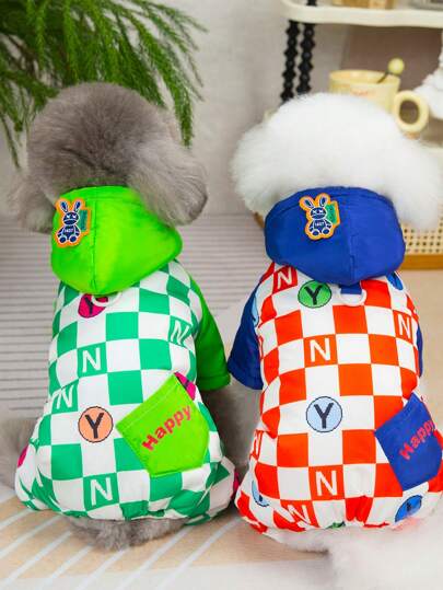 PETSIN Red & Blue Plaid Reversible & Leash-Attached Padded Warm Puffer Pet Jumpsuit