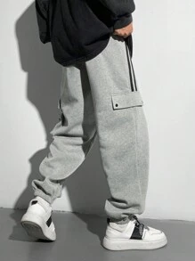 SHEIN Tween Boys' Casual Striped Pocket Zipper Ribbed Cuff Sweatpants, Contrast Drawstring, Versatile For Daily Wear, Spring/Summer/Autumn/Winter, School/Street Style