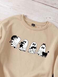 SHEIN Loose Fit Thick Sweatshirt With "Fall Vibes" & Black Cat Pattern, Suitable For Teens And Girls In Autumn And Winter - Camel - View 4
