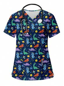 PopScrub 大码女式可爱卡通恐龙与太空科技印花短袖护士服上衣制服 - 藏蓝色 - 查看 3