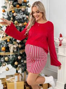 SHEIN Maternity 2pcs/Set Outfit - Solid Color Round Neck Long Sleeve Top And Adjustable Waist Houndstooth Skirt