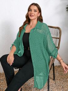 SHEIN Clasi Plus Size Casual Polka Dot Print Button-Up Loose Shirt For Autumn - Green - View 4