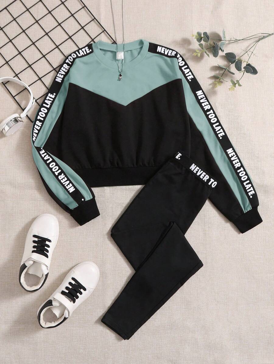 SHEIN 2 件青少年女孩拼色针织圆领运动衫和裤子运动休闲装 - 薄荷綠 - 查看 1