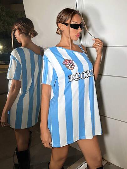 SHEIN ICON 女士休闲不对称肩部字母条纹印花超大短裙，夏季