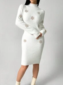 Chiquease 女士秋冬高领紧身雪花图案长袖连衣裙 - 白色 - 查看 5