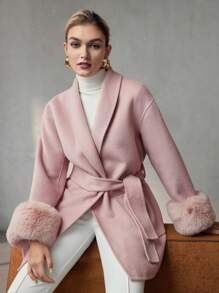 MOTF PREMIUM WOOL SHAWL COLLAR FLUFFY CUFF PATCH POCKET BELTED OVERCOAT - Baby Pink - View 4