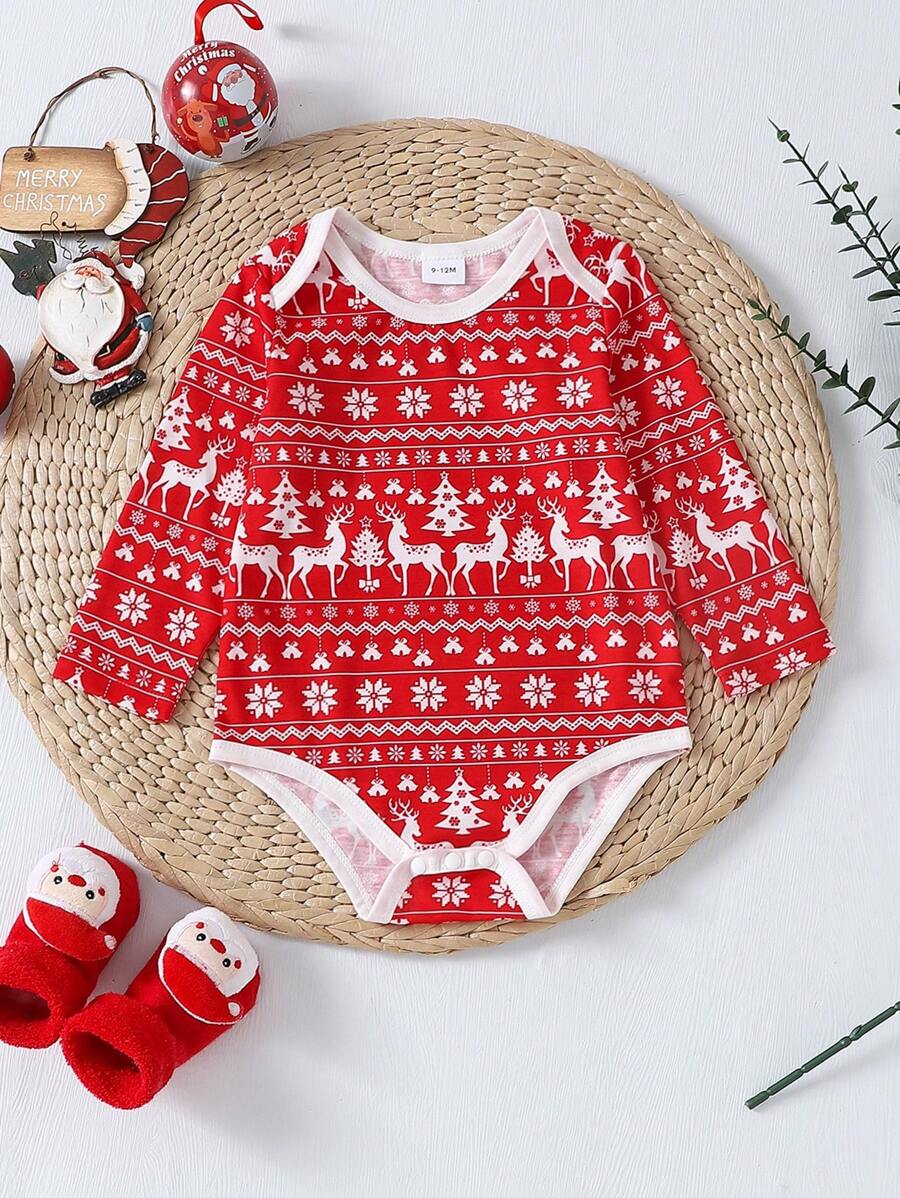 男婴费尔岛可爱驯鹿印花长袖秋冬春季连体衣，圣诞节礼物