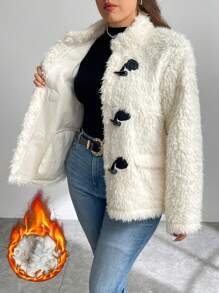 SHEIN Privé Chaqueta de punto tipo cardigan con cuello de pelo esponjoso, corte holgado, para otoño e invierno, tallas grandes - Camel - Ver 1