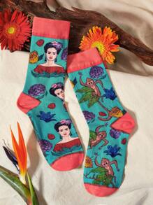 Frida Kahlo X SHEIN Flower Asymmetric Print Crew Socks, GIFTS - Multicolor - View 2
