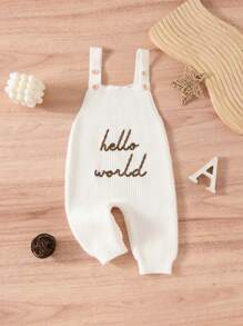 SHEIN Bộ đồ liền thân thêu chữ tối giản Ins, quần yếm dệt kim màu trắng ấm áp đa năng thời trang giản dị - trắng - Xem 1