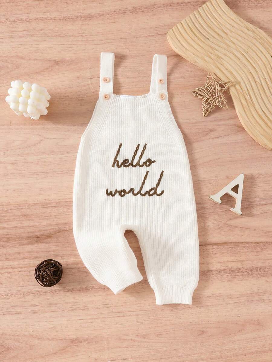 SHEIN Bộ đồ liền thân thêu chữ tối giản Ins, quần yếm dệt kim màu trắng ấm áp đa năng thời trang giản dị - trắng - Xem 1