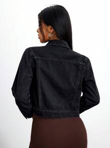SHEIN PETITE Casual Water Washed Cropped Denim Jacket For Autumn - Black - View 2