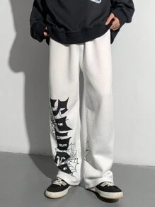 SHEIN 青少年男孩休闲摇滚朋克街头嘻哈蜘蛛网和英文图案印花宽松白色运动裤，适合秋冬季、情人节、万圣节